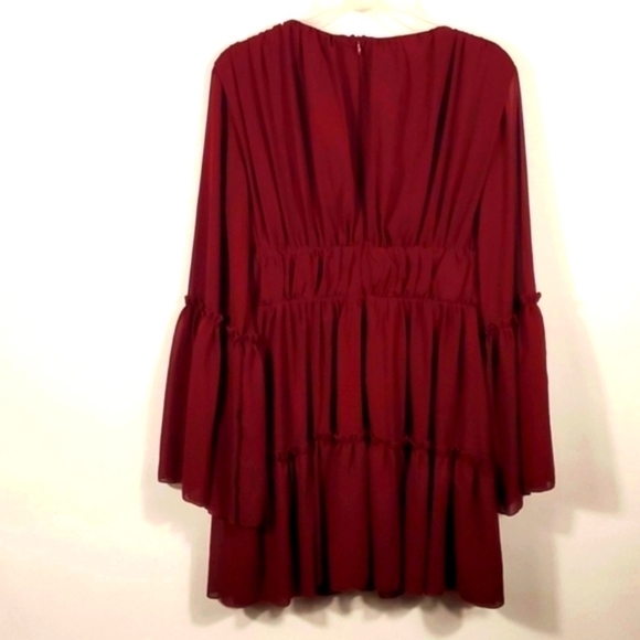 Plunging Neck Frill Maroon Ruffle Hem Chiffon Dress Size Medium NWTG - Picture 5 of 15